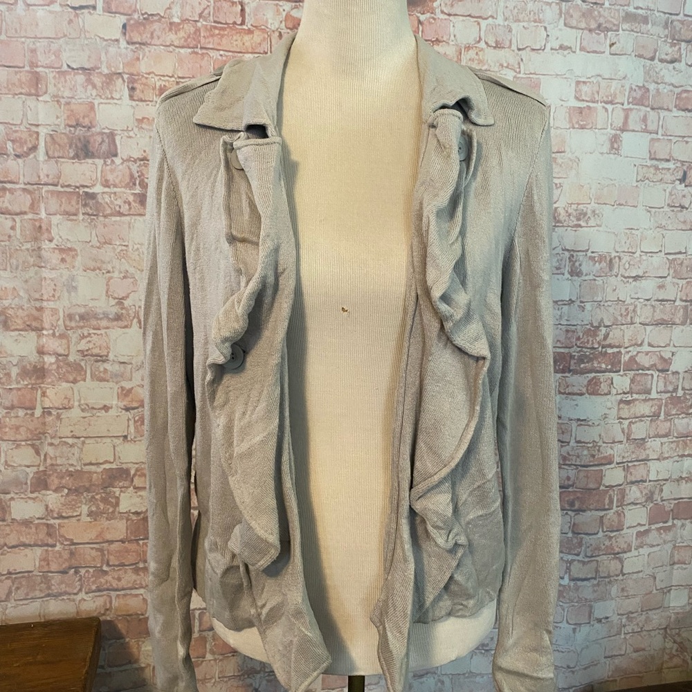 CAbi Light Gray Ruffle Cardigan